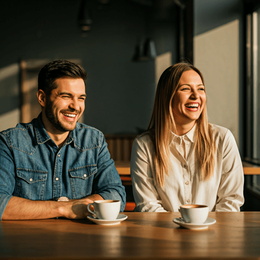 A young couple laughing together over coffee in a sunlit modern cafe, warm golden hour atmosphere