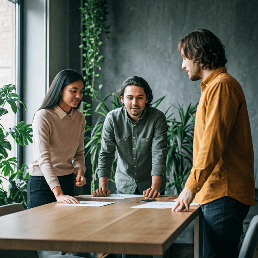 Three diverse colleagues collaborating around a wooden table in a bright minimalist office with plants