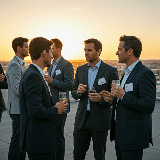 People in business attire talking and holding glasses at a professional rooftop mixer during sunset