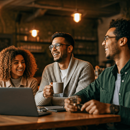 A group of diverse friends laughing and talking in a warm cozy cafe with soft golden hour light
