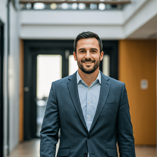 A confident person smiling while walking through a bright modern office atrium