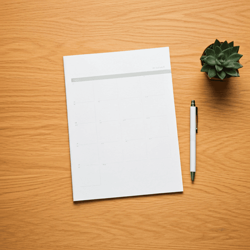 A minimalist paper planner and pen on a clean wooden desk with a small succulent plant